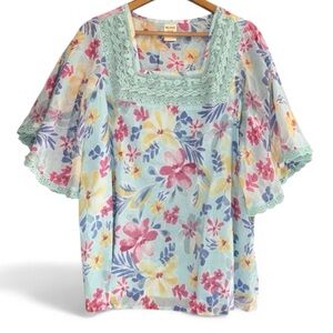 Blue Floral Flutter Sleeve Blouse with Lace Trim